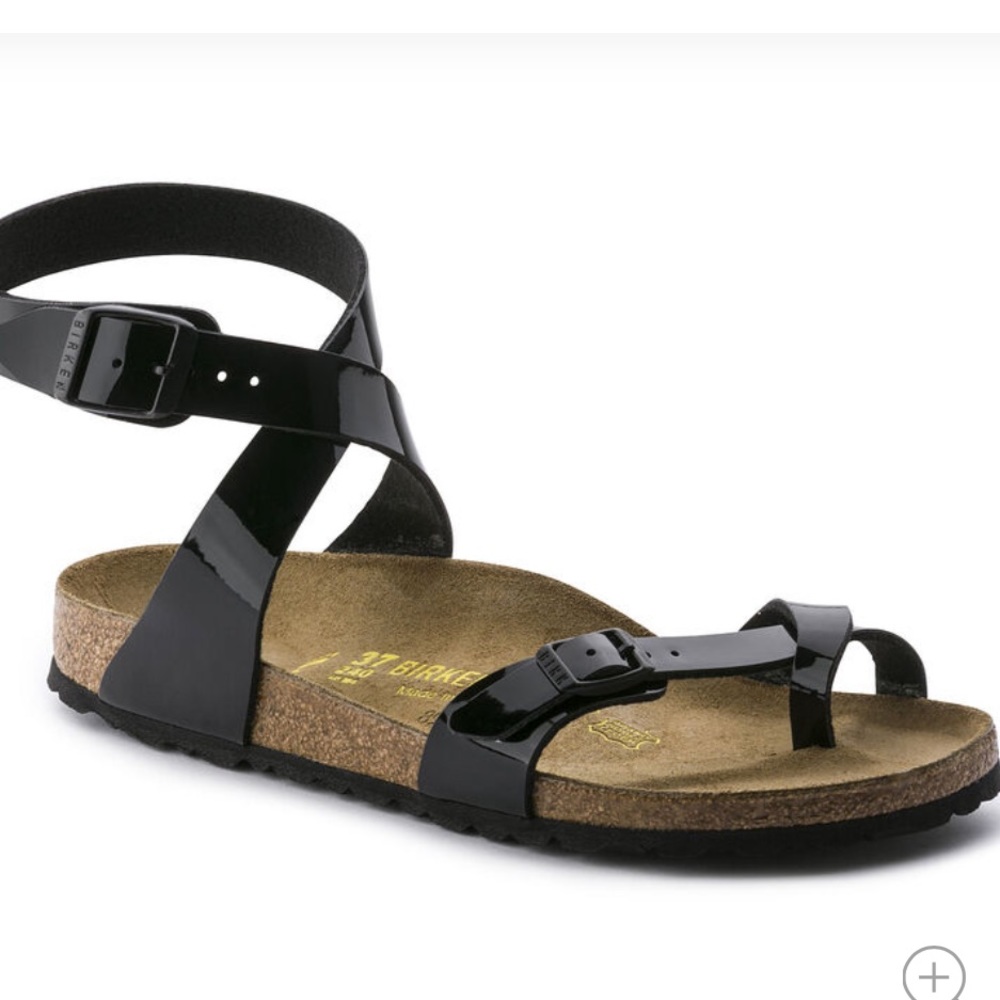 Birkenstock-Yara Birko-Flor Black Patent Sandals-Size 44-W 12